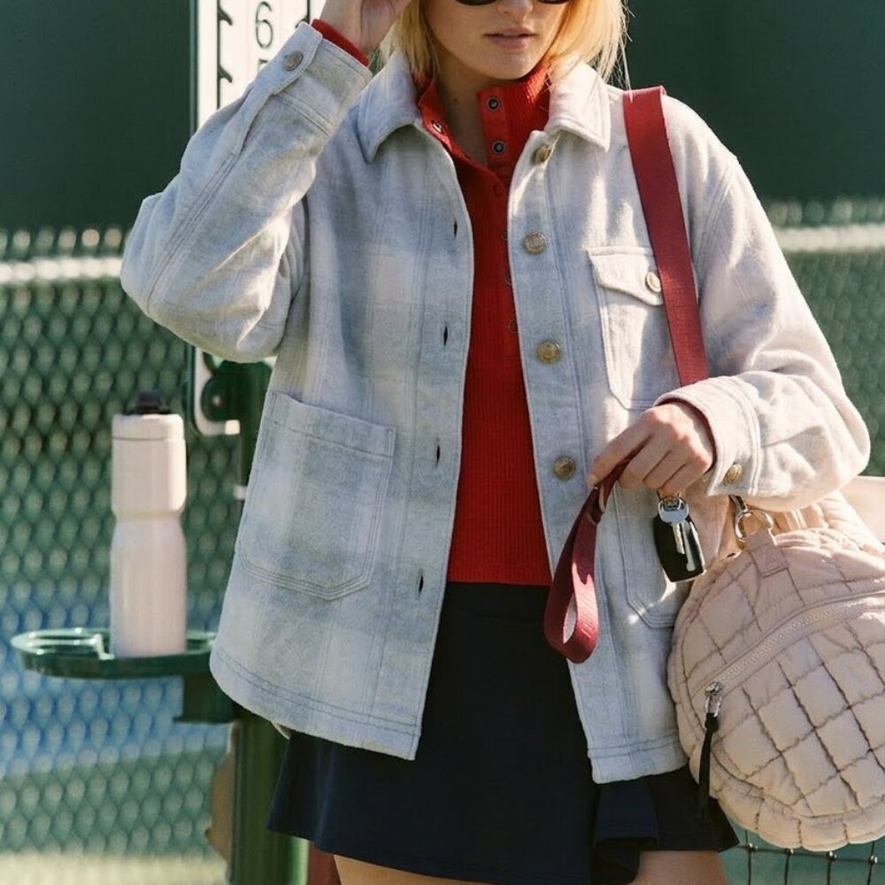 AE Soft Plaid Button Up Grey Shirt Jacket in Flannel - Picture 3 of 6